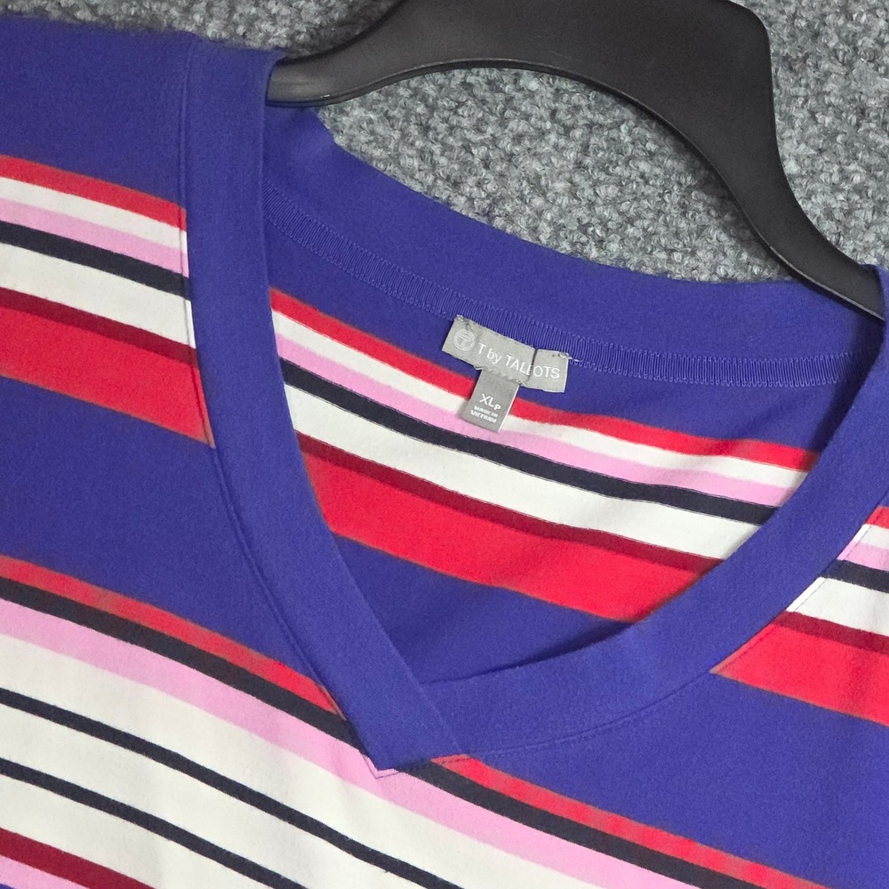 T by Talbots Women XLP Shirt Blue Red Pink Striped V-Neck Long Sleeve Tee